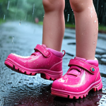 **A happy young girl wearing pink waterproof shoes, playing in the rain.** (Focuses on the girl, shoes, and weather)