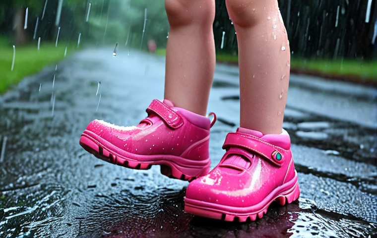 **A happy young girl wearing pink waterproof shoes, playing in the rain.** (Focuses on the girl, shoes, and weather)