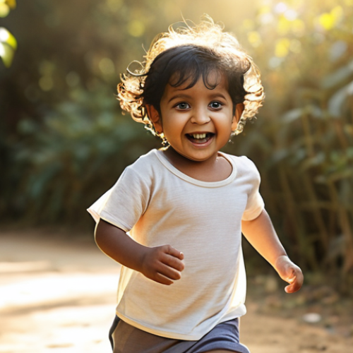 A joyful South Asian toddler (2-4 years old) running and playing freely outdoors in soft, breathable organic cotton clothes, bathed in warm sunlight. The fabric appears gentle against their skin, emphasizing comfort and unrestricted movement. Focus on their happy, healthy expression, highlighting the benefits of natural fibers. Soft, realistic photography.