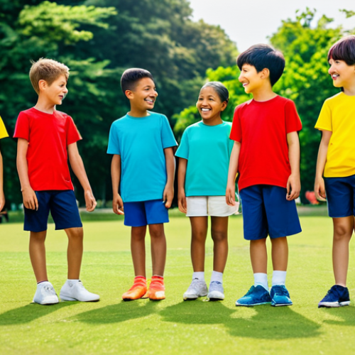 A group of diverse children, aged 6-10, engaged in active play outdoors on a sunny day in a vibrant park. They are wearing Uniqlo-style, comfortable, light, and breathable AIRism technology t-shirts and shorts in bright, cheerful colors. Their clothing is modest, appropriate attire, and they are fully clothed. The children are depicted with perfect anatomy, correct proportions, well-formed hands, proper finger count, and natural body proportions, captured in a natural pose. The scene emphasizes comfort, freedom of movement, and joy. Safe for work, appropriate content, fully clothed, family-friendly, high-quality photography, realistic.