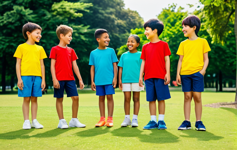 A group of diverse children, aged 6-10, engaged in active play outdoors on a sunny day in a vibrant park. They are wearing Uniqlo-style, comfortable, light, and breathable AIRism technology t-shirts and shorts in bright, cheerful colors. Their clothing is modest, appropriate attire, and they are fully clothed. The children are depicted with perfect anatomy, correct proportions, well-formed hands, proper finger count, and natural body proportions, captured in a natural pose. The scene emphasizes comfort, freedom of movement, and joy. Safe for work, appropriate content, fully clothed, family-friendly, high-quality photography, realistic.