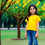 **

"A young, smiling Pakistani girl (age 7) wearing a bright yellow Uniqlo Kids tee shirt and denim jeans, fully clothed, standing in a park with blooming Gulmohar trees, safe for work, appropriate content, perfect anatomy, natural proportions, professional children's fashion photography, family-friendly."

**