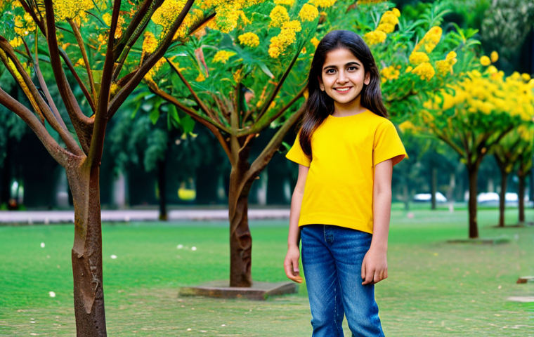 **
"A young, smiling Pakistani girl (age 7) wearing a bright yellow Uniqlo Kids tee shirt and denim jeans, fully clothed, standing in a park with blooming Gulmohar trees, safe for work, appropriate content, perfect anatomy, natural proportions, professional children's fashion photography, family-friendly."
**