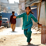 **

A young girl, fully clothed in a shalwar kameez with intricate embroidery, playing cricket in a bustling mohalla (neighborhood) with other children. Dust particles float in the sunlight.  Focus on her joyful expression and natural pose. Safe for work, appropriate content, modest, family-friendly, perfect anatomy, well-formed hands, professional photography, high quality.

**