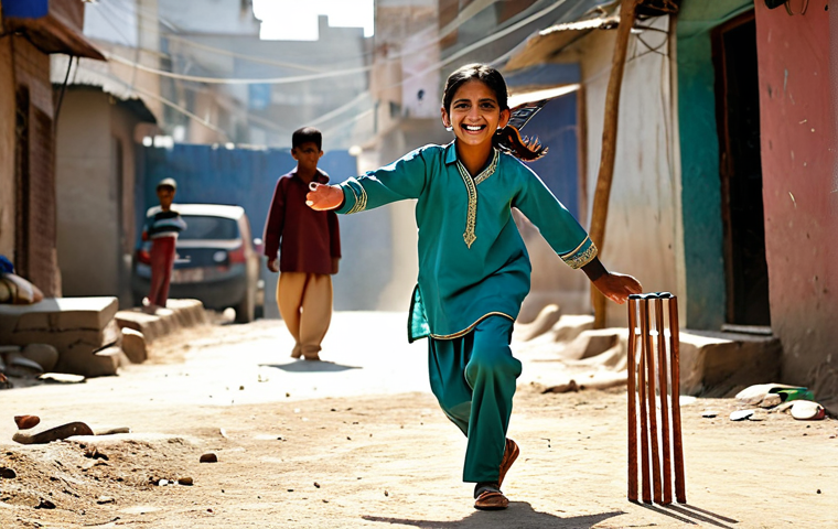 **
A young girl, fully clothed in a shalwar kameez with intricate embroidery, playing cricket in a bustling mohalla (neighborhood) with other children. Dust particles float in the sunlight. Focus on her joyful expression and natural pose. Safe for work, appropriate content, modest, family-friendly, perfect anatomy, well-formed hands, professional photography, high quality.
**